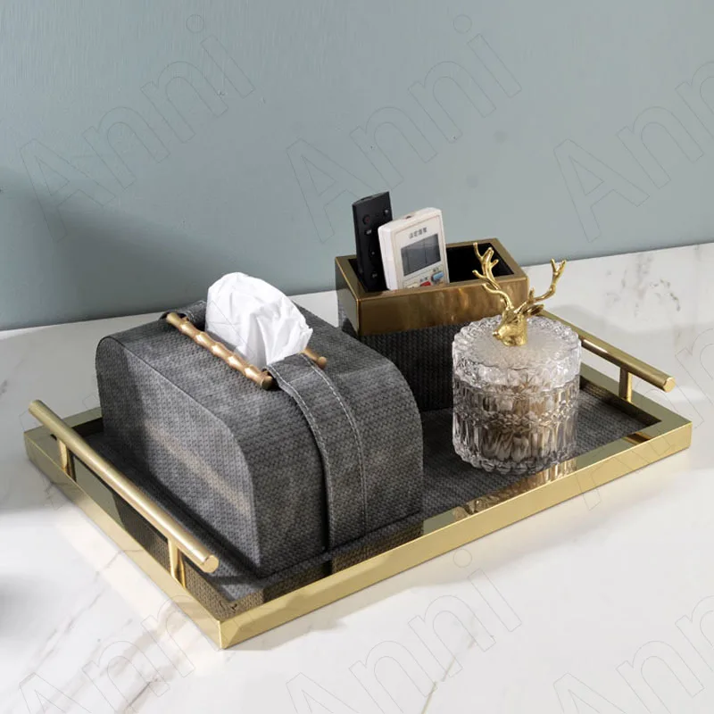 Golden Bamboo Handle Tissue Boxes Chinese Modern Creativity Wave Texture Leather Handle Paper Towel Storage Box Home Decoration