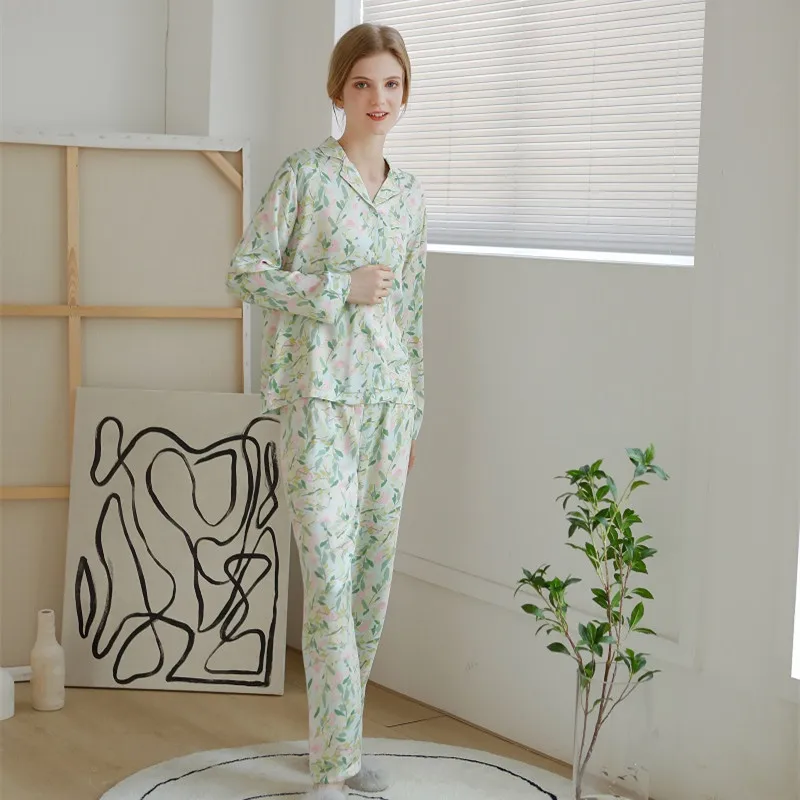 New Fashion Soft Viscose Women\'s Long Sleeve Pajama Sets Floral Prited Loose Sleepwear Suits Home Clothes Plus Size