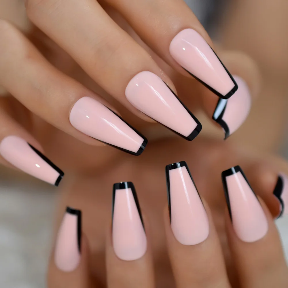 Trapezoid French Nail Nude Pink Color False Nails Black Top Long Tapered Coffin Nail Art Tips Thick Reusable with Adhesive Tabs