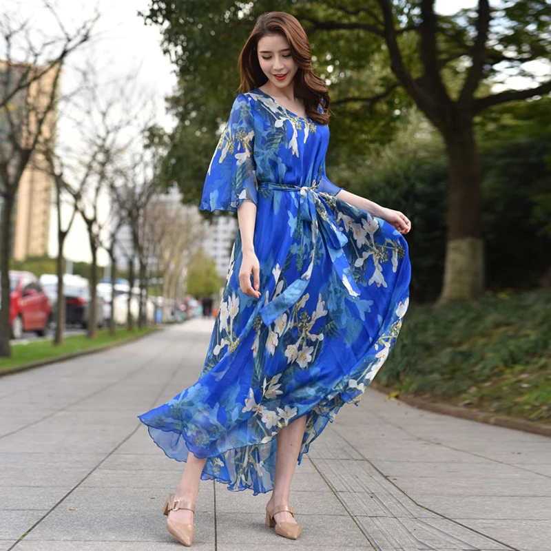 Vintage Chic Women Floral Print Beach Bohemian Maxi Dress Ladies scollo a V telai Chiffon Happie Boho Dress Vestidos Plus Size Robe