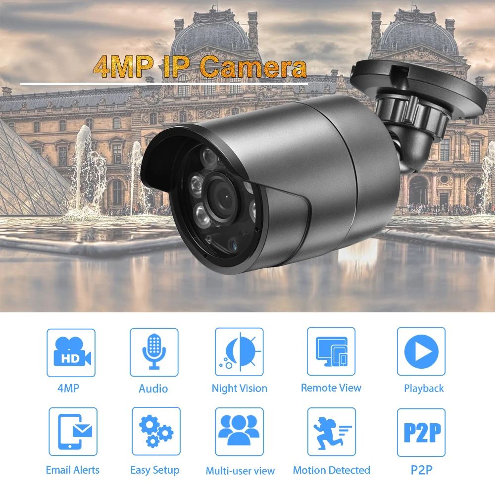 AZISHN H.265+ FULL HD Audio IP Camera 4MP 2560*1440 Face Detection 6PCS ARRAY Outdoor Waterproof Bullet P2P  DC12V/48V PoE