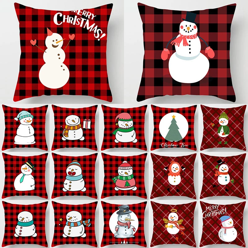 Christmas Snowman Plaid Pattern Cushion Cover Polyester 45*45cm Decorative Pillowcase New Year Sofa Home Car PillowCover 41039