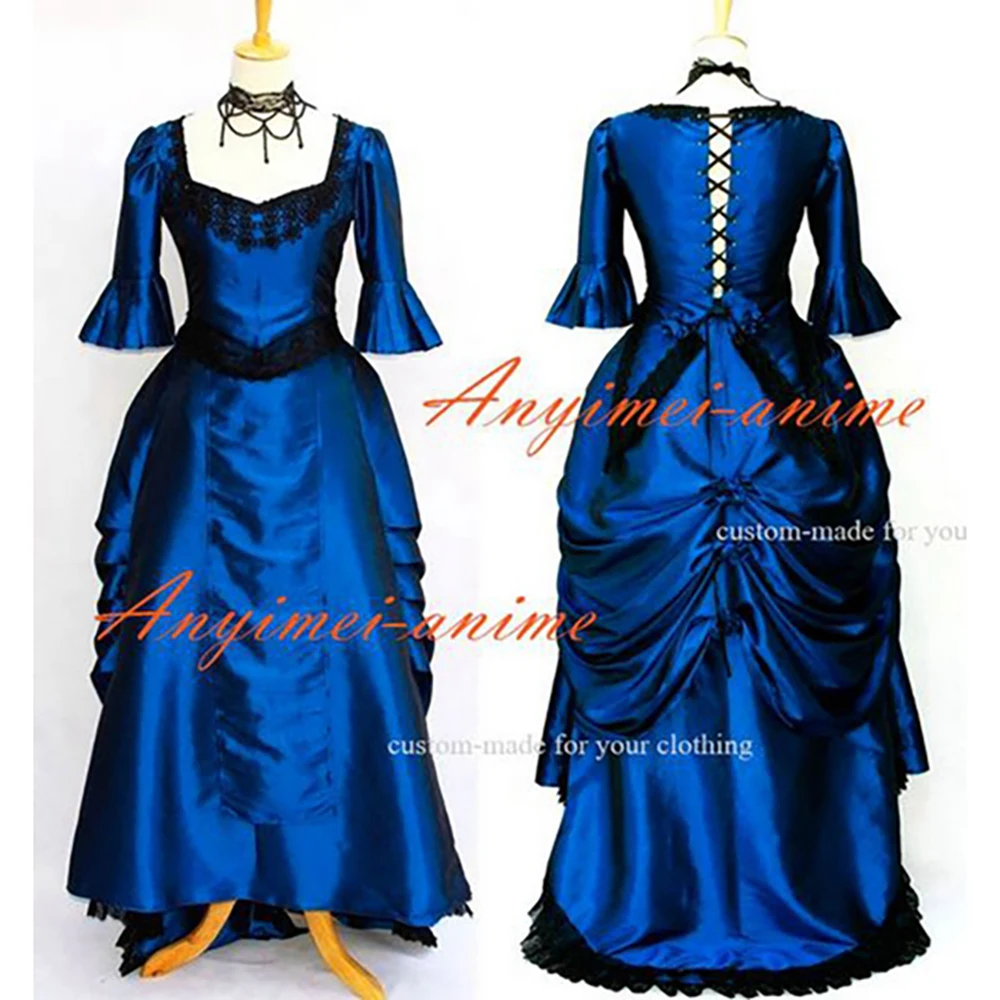 fondcosplay Victorian Rococo Medieval Gown Dress Ball Gothic Punk Blue Taffeta shirt skirt Cosplay Costume Custom-made[G601]