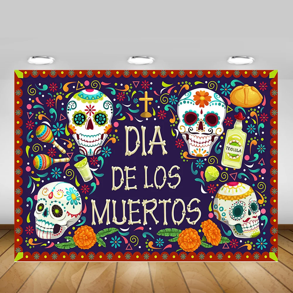 Dia de Los Muertos Photo Backdrop Floral Sugar Skull Mexico Fiesta Party Background Decoration Day of the Dead Photocall Props