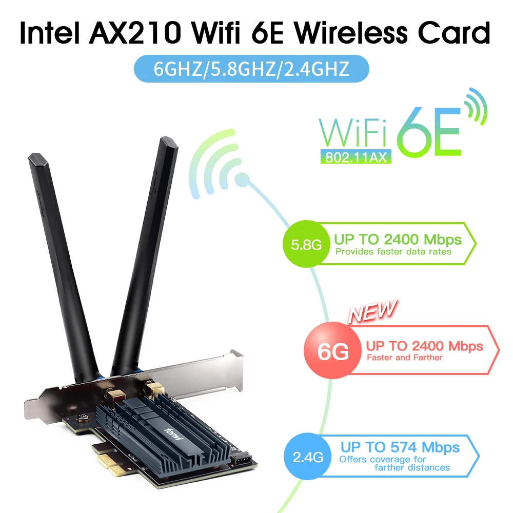 Wi-Fi 6E 5374Mbps AX210 Wireless PCIE Adapter Bluetooth 5.3 wifi Card 2.4G/5G/6G 802.11AX/AC Mu-MIMO Network Card For Desktop