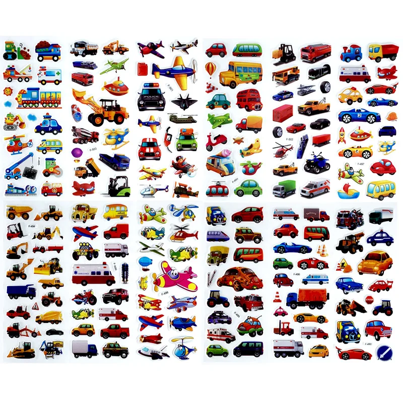 12 Different Sheets Cartoon Traffic Car Aircraft DIY Stickers Toys PVC Scrapbook for Children Diary Notebook Decoration Gifts