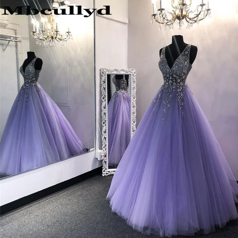 Eleganckie Puffty tiulowe suknie na studniówkę długie 2023 Sheer V-neck formalne suknie wieczorowe lawenda Vestidos de fiesta de noche