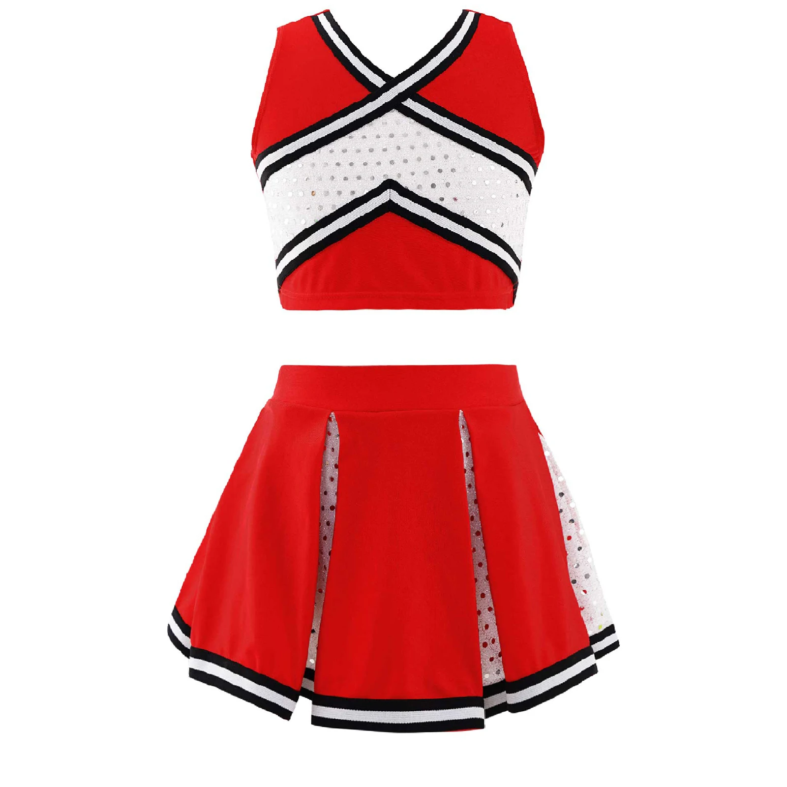 Cheerleader Uniform Kids Girls Cheerleading Costume Schoolgirls Dance Clothes Set Sleeveless Top + Skirt Children Sequins Outfit