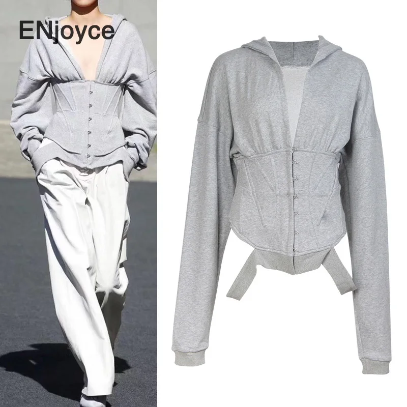 

ENjoyce Women Sporty Girdling Hoodies Corset Korean Fashion Clothes Female Elegant Zipper Up Long Sleeve Hooded Sweatshirts