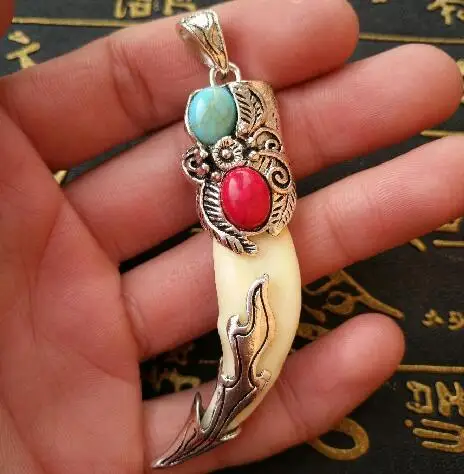 

Langya Pendant Tibet Silver Turquoise Amulet Pendant,Braided Rope Necklace Wolf Tooth Pendant Gift