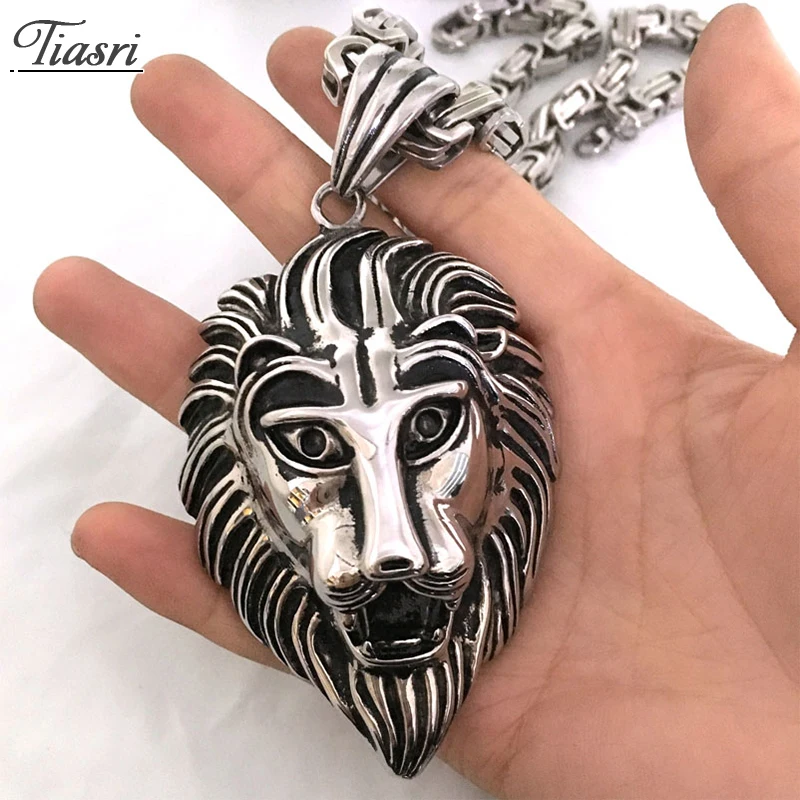 Tiasri Heavy Lion Head Pendant For Men's Necklace Fashion Byzantine Chain Goth Halloween Friends Gift Punk Style Jewelry 2020