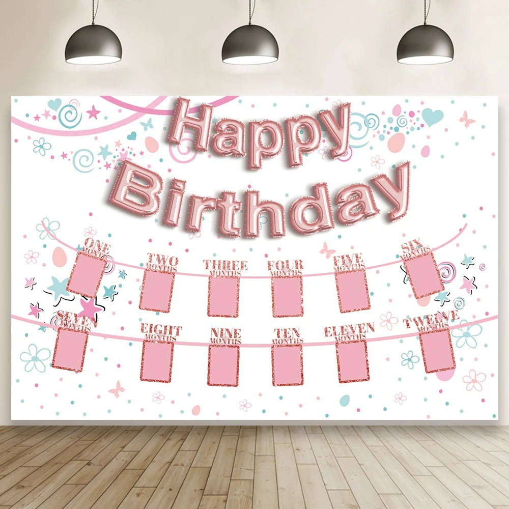 Children Happy Birthday Photography Background Family Party Decor Baby Portrait Custom Poster Pink Balloons Photocall Backdrop