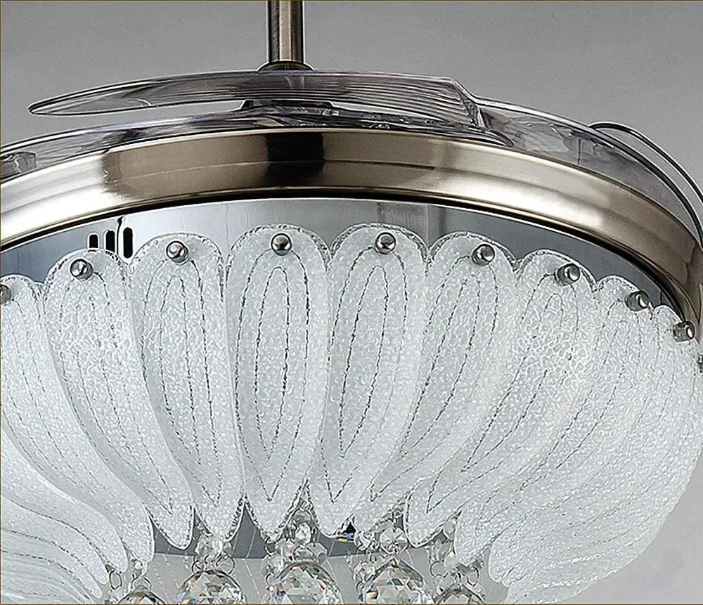 42Inch Crystal Ceiling Fans Lights Invisible Retractable Blades Remote Dimmable Chandelier Silent Motor LED Lighting Fixture