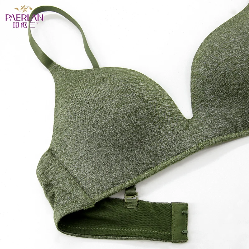 PAERLAN Wire Free Comfortable Small Breast Push Up 3/4 Cup Bra Everyday Simple style One-Piece green Lycra Underwear Women