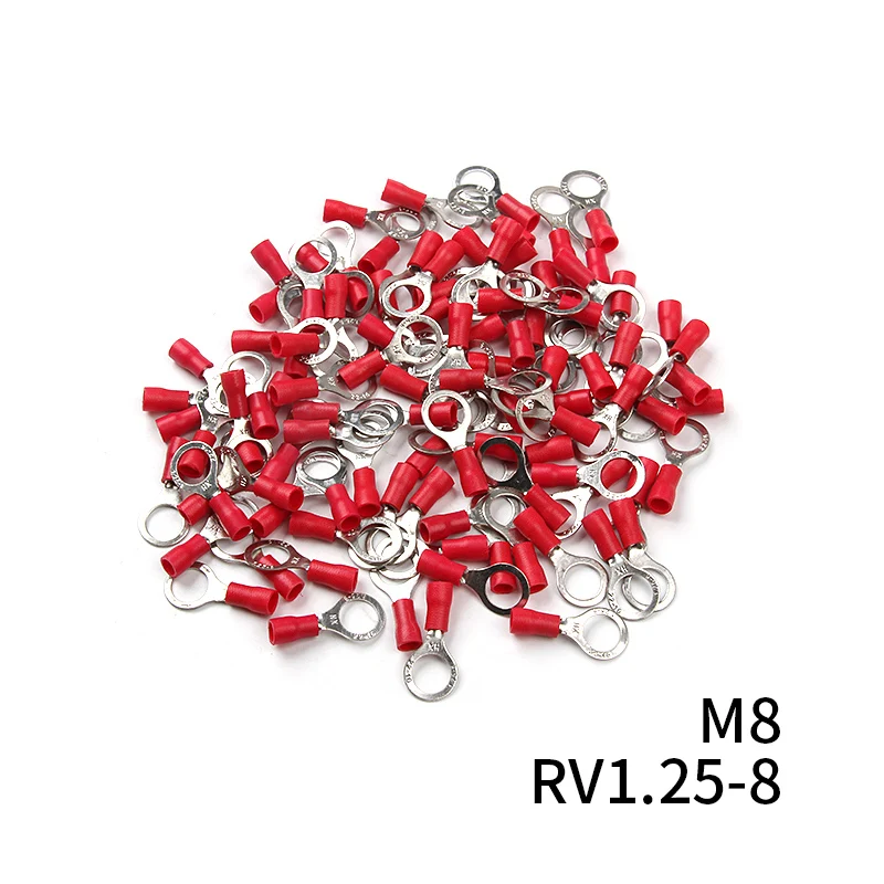 100Pcs RV1.25 Ring Insulated Wire Connector Red 12-10 AWG Electrical Cable Crimp Termminlas Suit for 0.25-1.65mm2 Kit