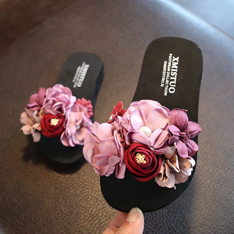 2020 Summer Fashion Kids Slippers Girls Flip Flops Beach Shoes Children Comfortable Artificial Flower Slippers For Girls