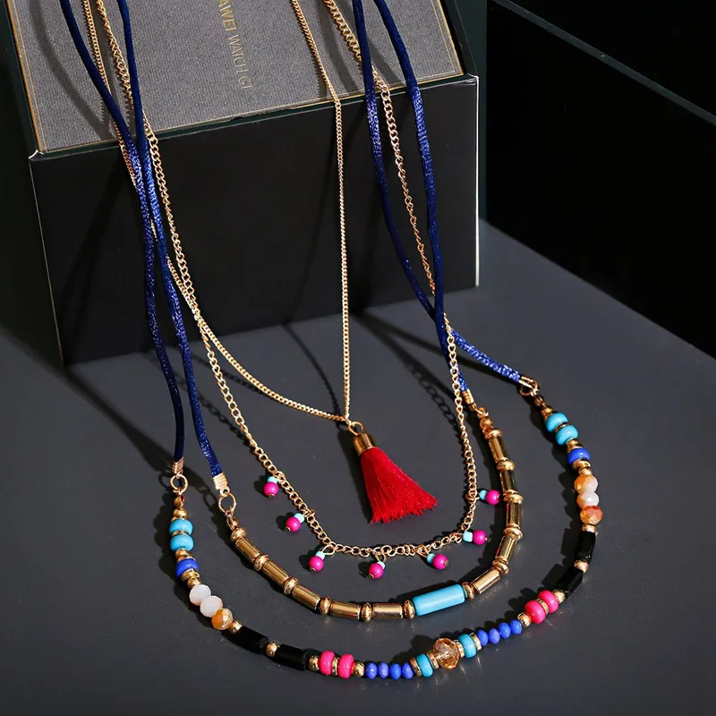 Damskie czeskie koraliki Boho Tassel oświadczenie naszyjnik wielowarstwowe tkane długie wiszące etniczne Choker naszyjnik kobiety