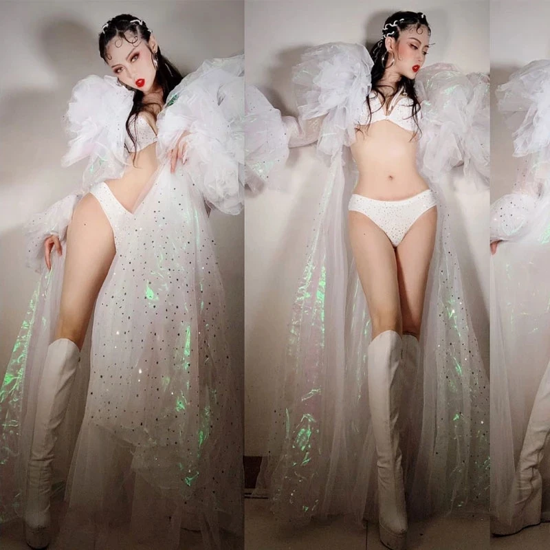 Holographic Star See Throug Cloak bikini Set Birthday Celebrate outfit Evening Bar Nightclub Singer Show Stage Outfit Party Rave