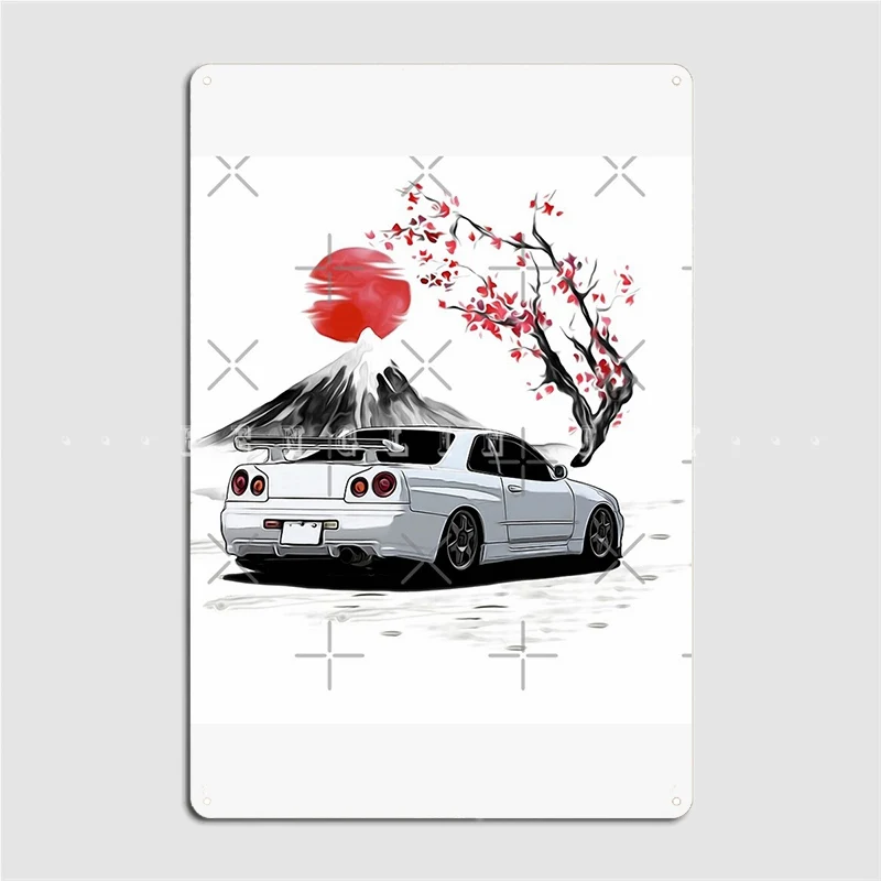 White 1998 Skyline R34 Gtr With Cherry Blossom Rear Side Wood Sign Club Party Bar Cave Funny Wall Decor Wooden Sign Poster