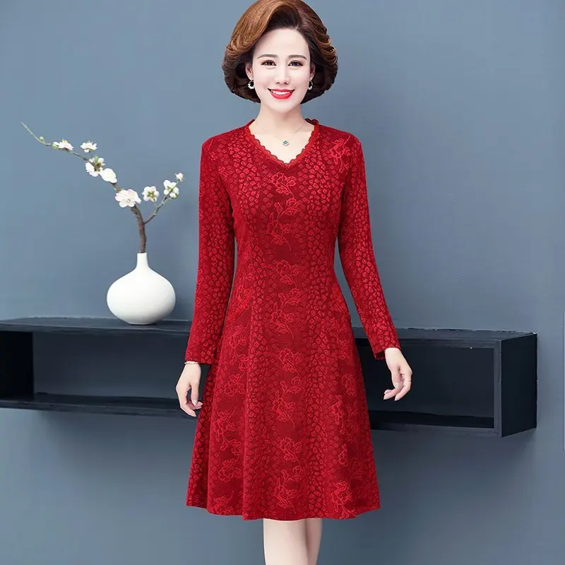 Spring and Autumn  Dresses Jacquard  V-neck  Dress Women Vintage Long Sleeves Ladies Office Robe Dresses