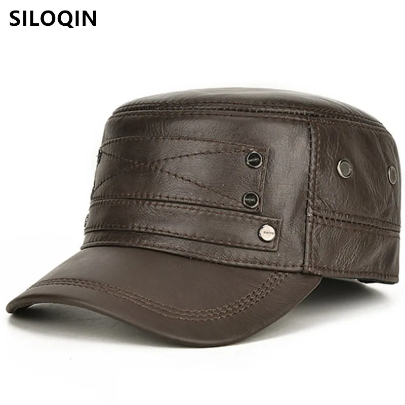 

SILOQIN Adjustable Size Middle-aged Men Winter Warm Hat Genuine Leather Cap Military Hats Natural Cowhide Caps Men's Flat Cap