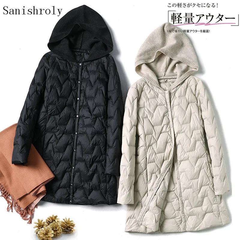 Sanishroly Autumn Winter Women Light White Duck Down Coat Parka Ladies A Line Midi Long Knitted Hooded Patchwork Jacket Outwears