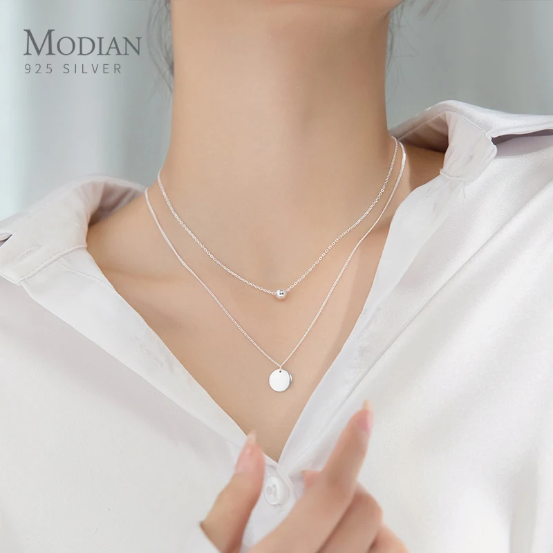 Modian Simple Design Beads Ball Coin 925 Sterling Silver Pendant for Women Girl Double Layer Basic Chain Necklace Fine Jewelry