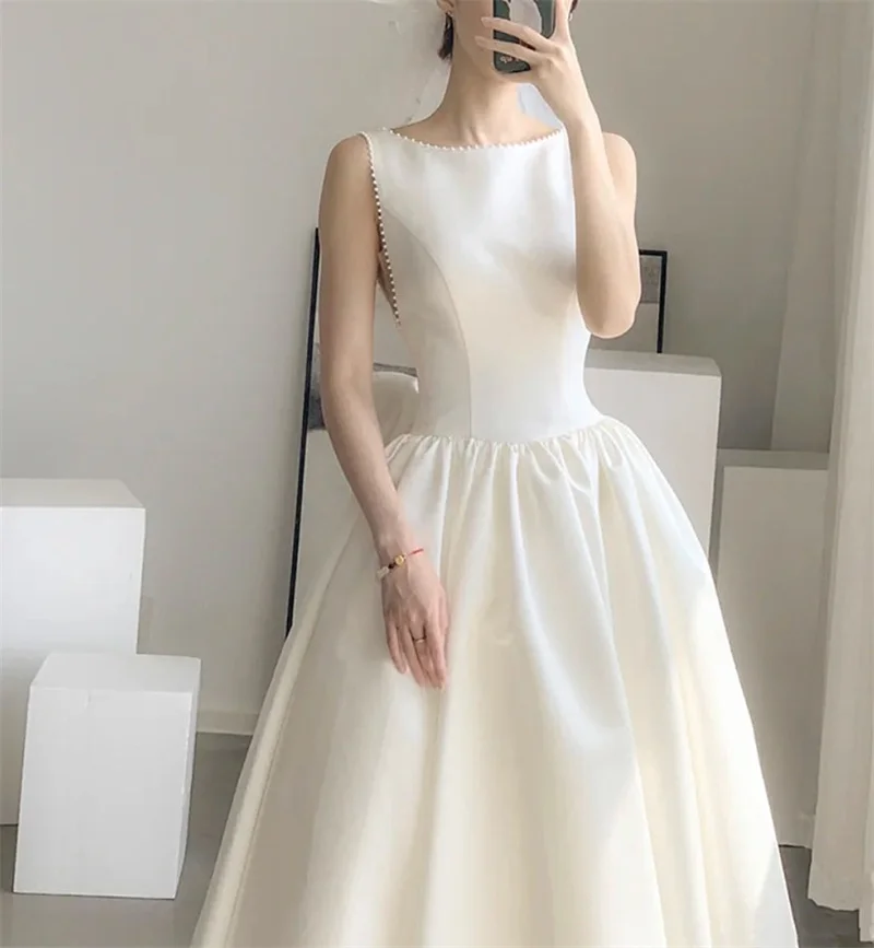 Muỗng Phong Cách Pháp Trà Chiều Dài Váy Cưới Sang Trọng Satin Chữ A Bowtie Hở Lưng Cô Dâu Đồ Bầu Vestidos De Mairee Cưới