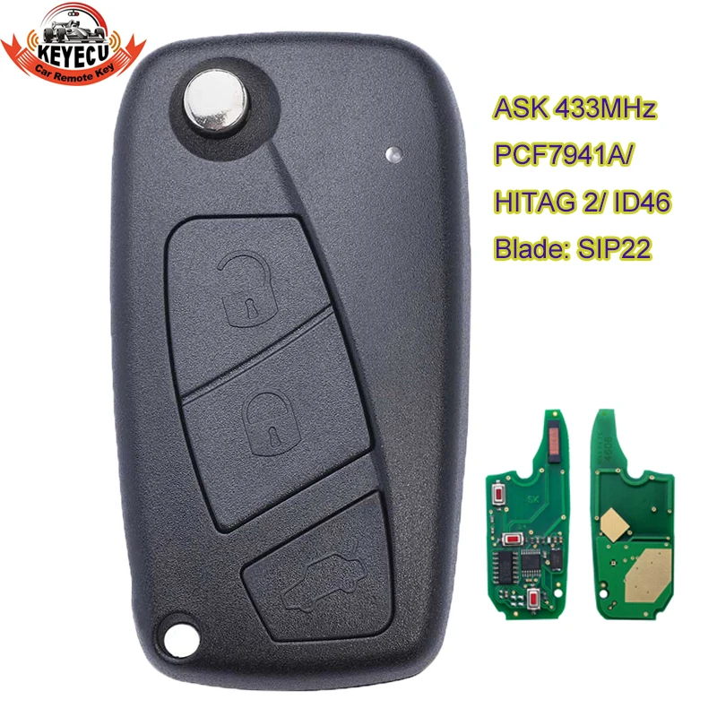 KEYECU Flip Remote Key Fob 3 Button ASK 433MHz PCF7941A HITAG 2 ID46 Chip For Fiat Panda 2003-2012