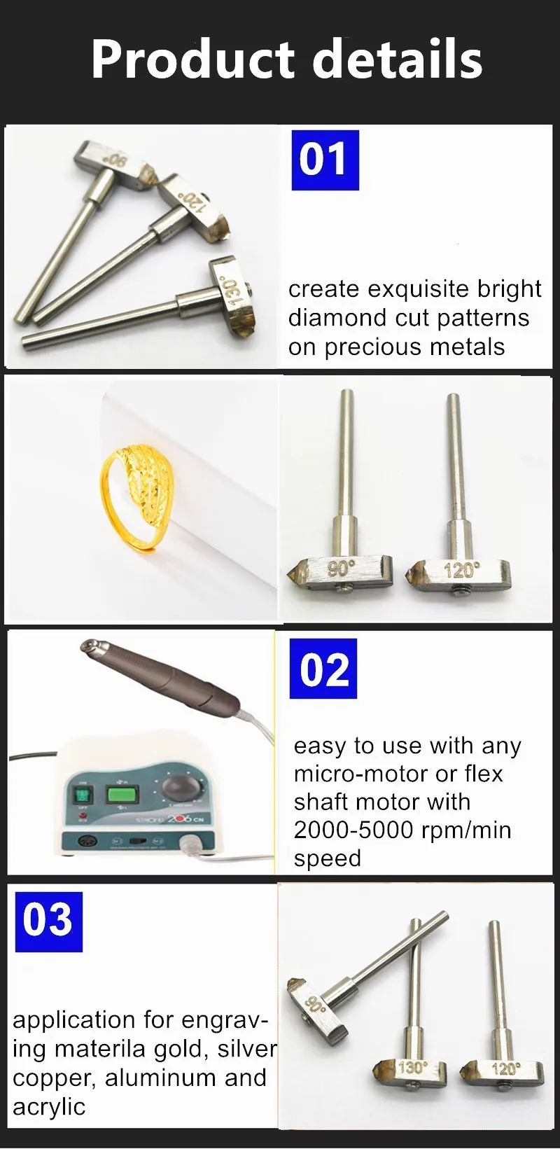Schmuckherstellung Polierwerkzeuge Diamant Hammerkopf Schmuck MCD Laser Posalux Cutter für Gold Silber Messing Gravurmesser – Detail 2
