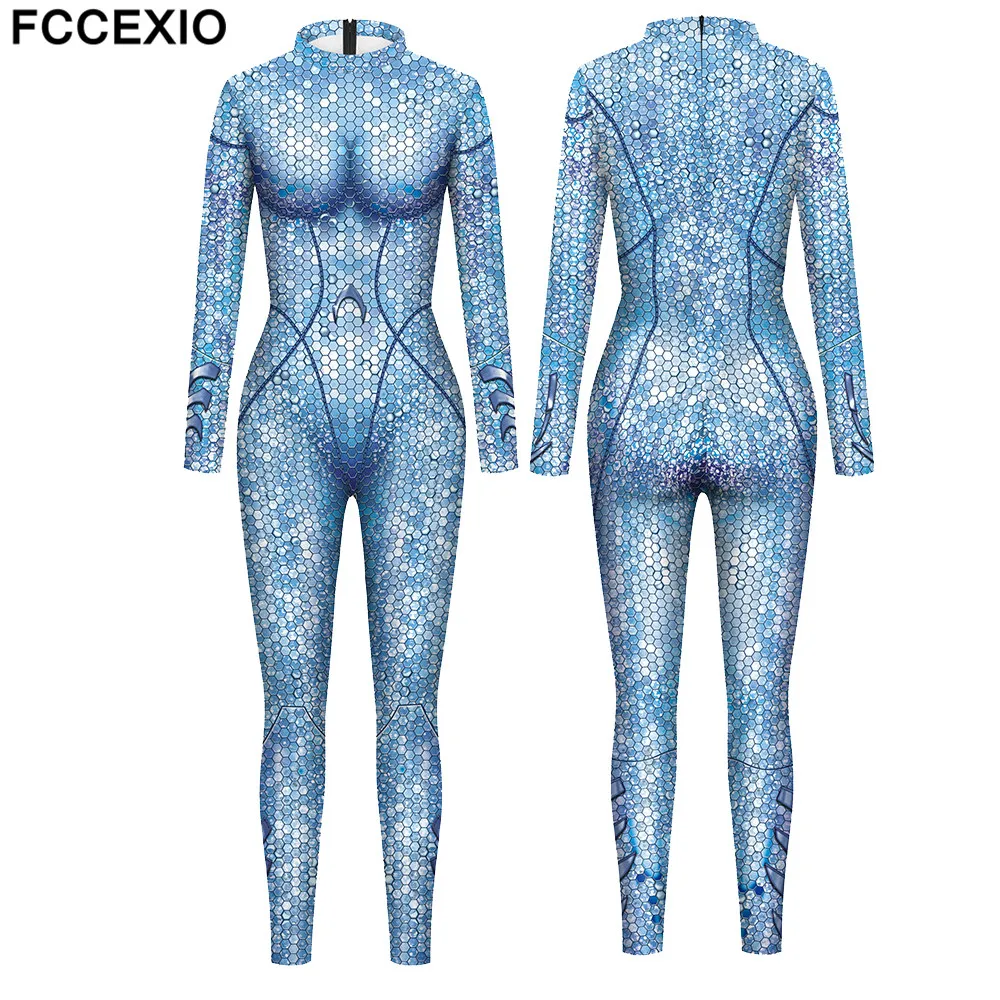 FCCEXIO-Sea Sereia Verde 3D Print Body Sexy para Mulheres, Manga Comprida, Macacão Apertado, Festa Cosplay, S-XL, Nova Moda