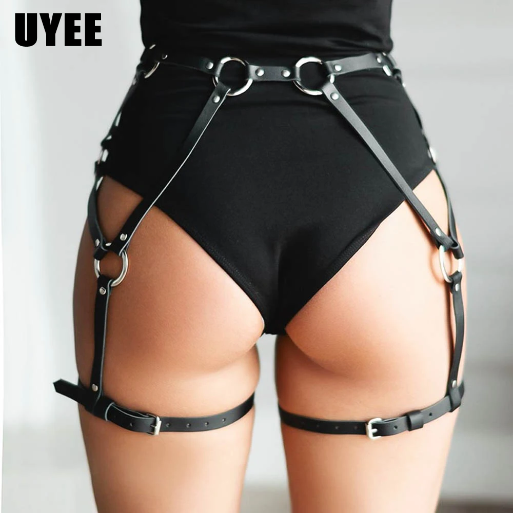 

UYEE Women Thigh Harness Garter Belt PU Leather Stockings Waist Leg Suspenders Pole Dance Punk Goth Sexy Buttocks Bondage Garter