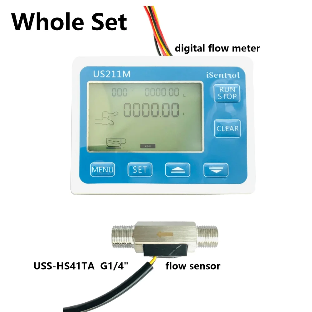 

US211M Digital Flow meter Display with USS-HS41TA SUS304 Flow Meter Totalizer Flow Measurement 0.3-3.5L/min Range G1/4" thread