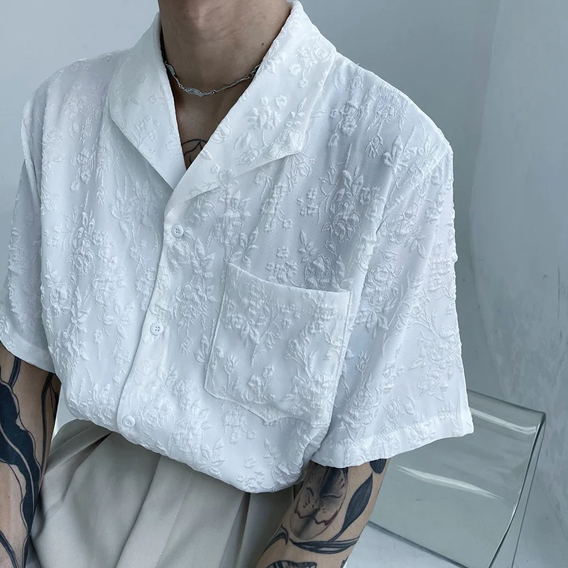 Men Street Short Sleeve Shirts Summer New Embroidery Loose Solid White Tops Holiday Daily Single Breasted Shirt Male M-XL