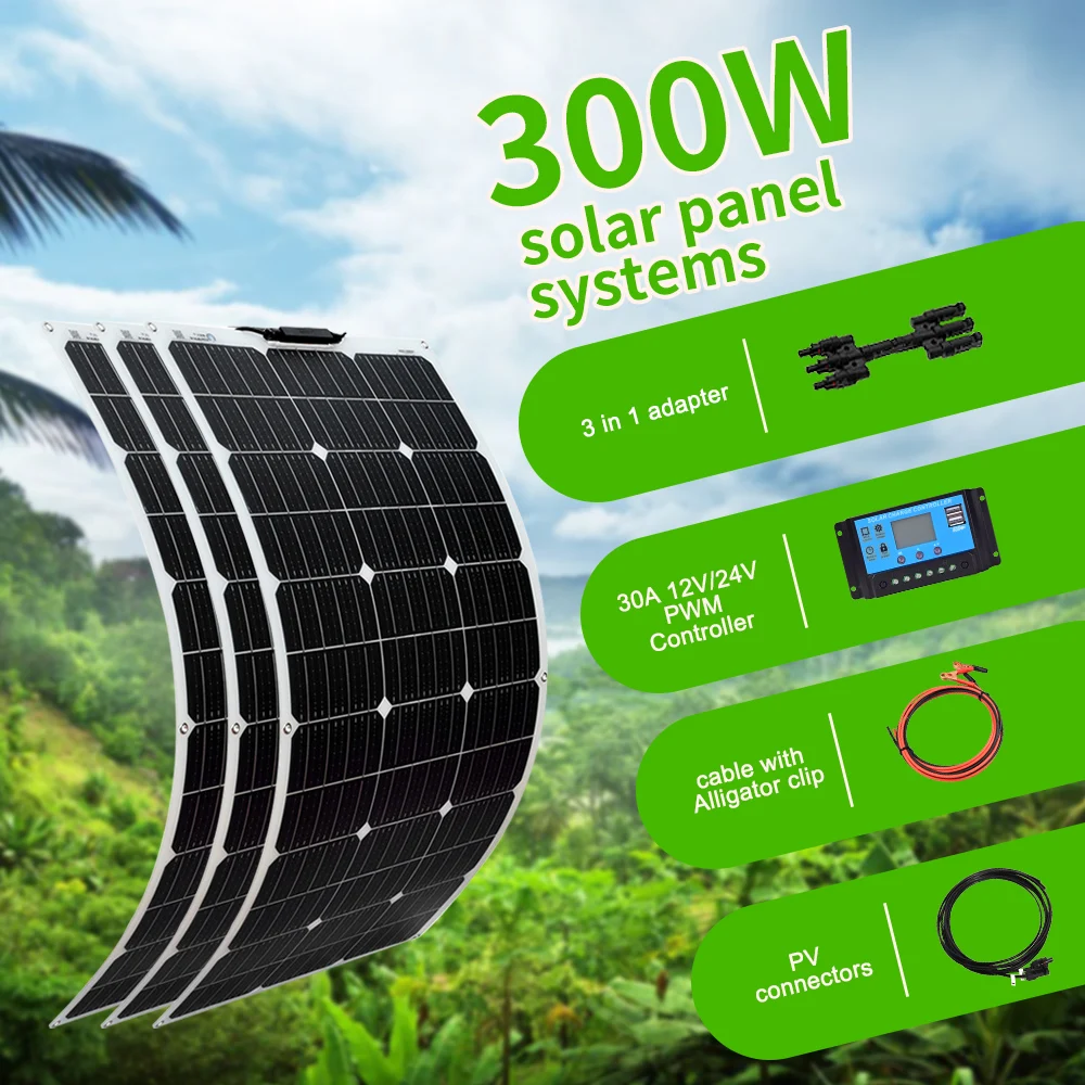 300W Flexible Solar Panel Kit 200W 18V 100W Monocrystalline Panel Solar Cell Camping Car RV Battery Charger Home Solares Paneles