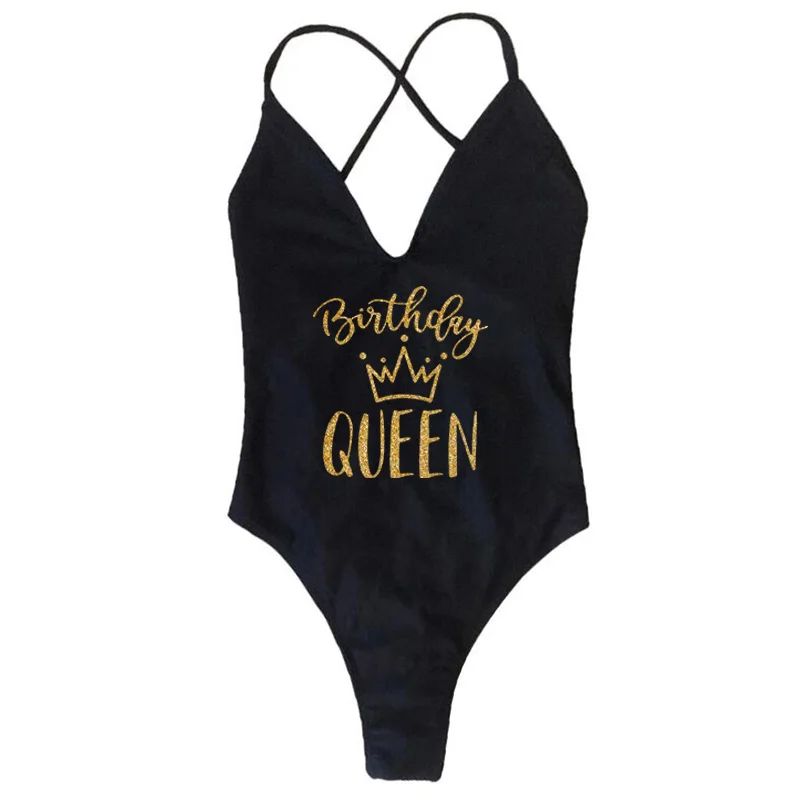 BIRTHDAY QUEEN &SQUAD  Glitter Gold Letter Print Sexy One Piece Swimsuit Swimwear Women Cross Bandages Beachwear