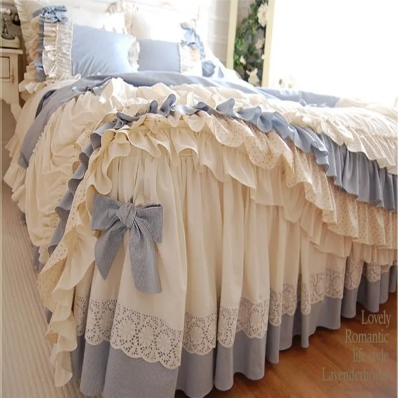 Korean princess style blue plaid lace ruffles pure cotton bowknot bed skirt duvet cover full queen king bedding set S