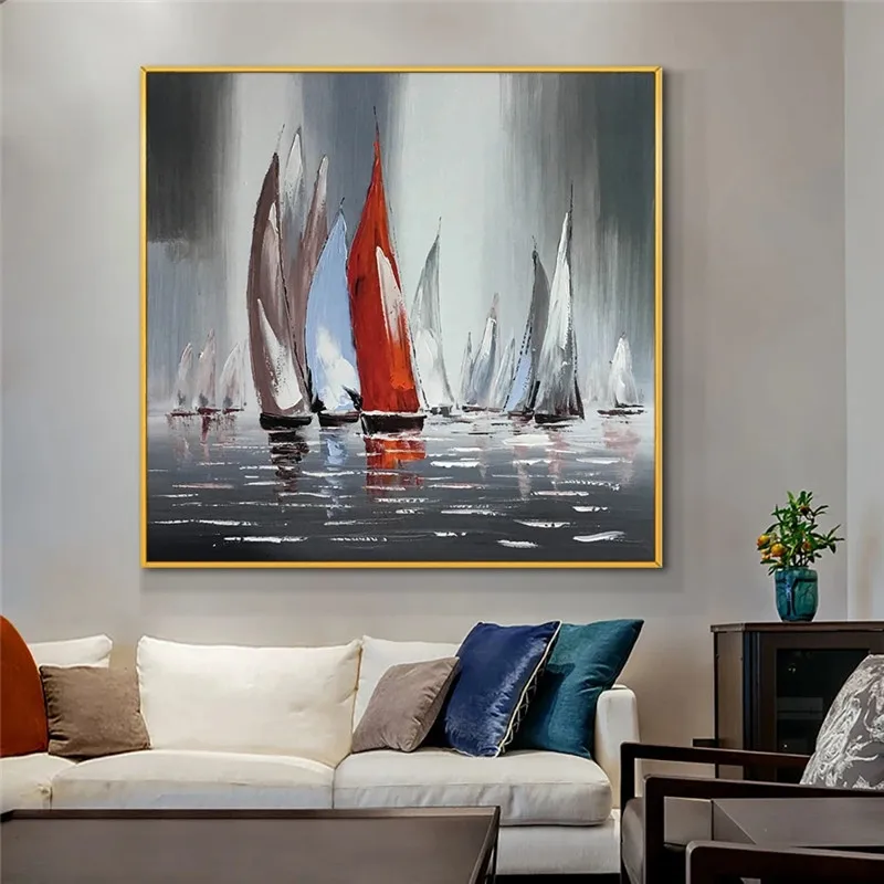 Abstract Canvas Poster Painting Painted on Canvas Abstract Sailing Boats on The River Painting Wall Art for Modern Home Decor