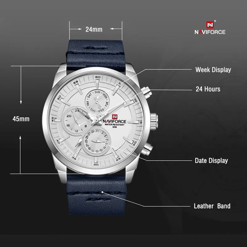 Luxury Brand NAVIFORCE Sport Watches Mens Casual Quartz Wristwatch Leather Strap Waterproof Watch Male Clock Relogios Masculino