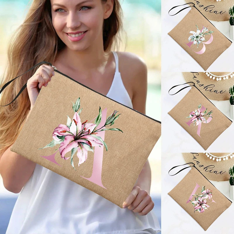 

Lily Letter Printed Linen Wristlet Clutch Bag Bachelorette Clutch Beach Holiday Travel Organizer Case Makeup Bags Wedding Gifts