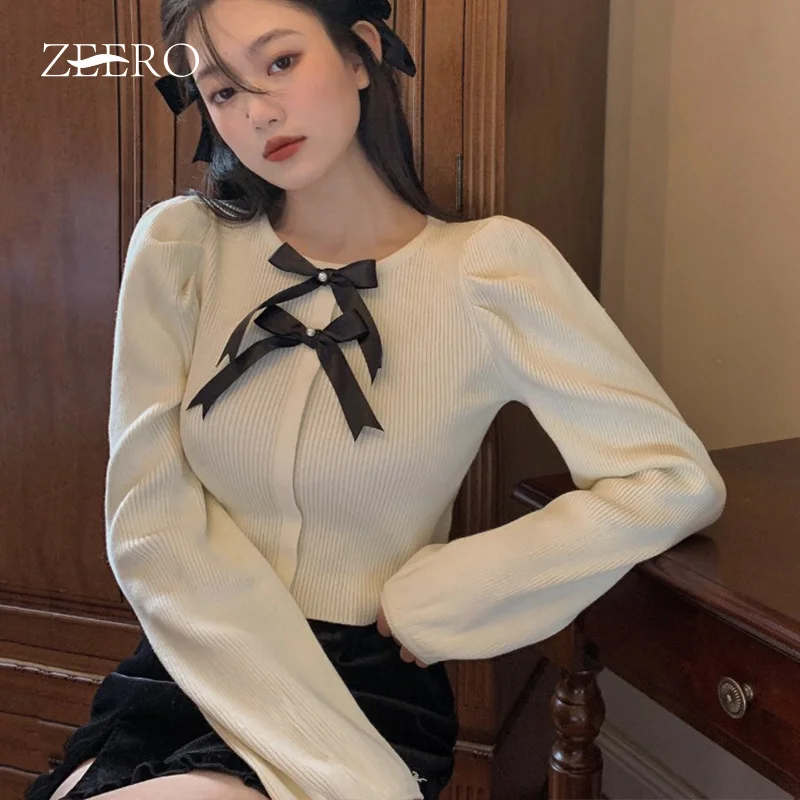 Autumn Winter Women Sweet Short Knitting Top Female O-Neck Bow Beading Puff Sleeve Solid Color Vertical Stripes Pullover Sweater