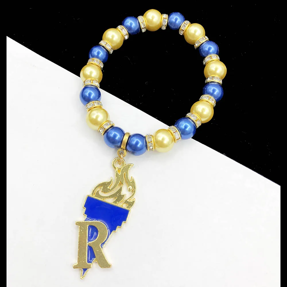 Hand Made Greek Sorority Elastic Yellow Blue Pearl Greek Letter Sigma Gamma Rho Torch R Pendant Bracelet Bangles