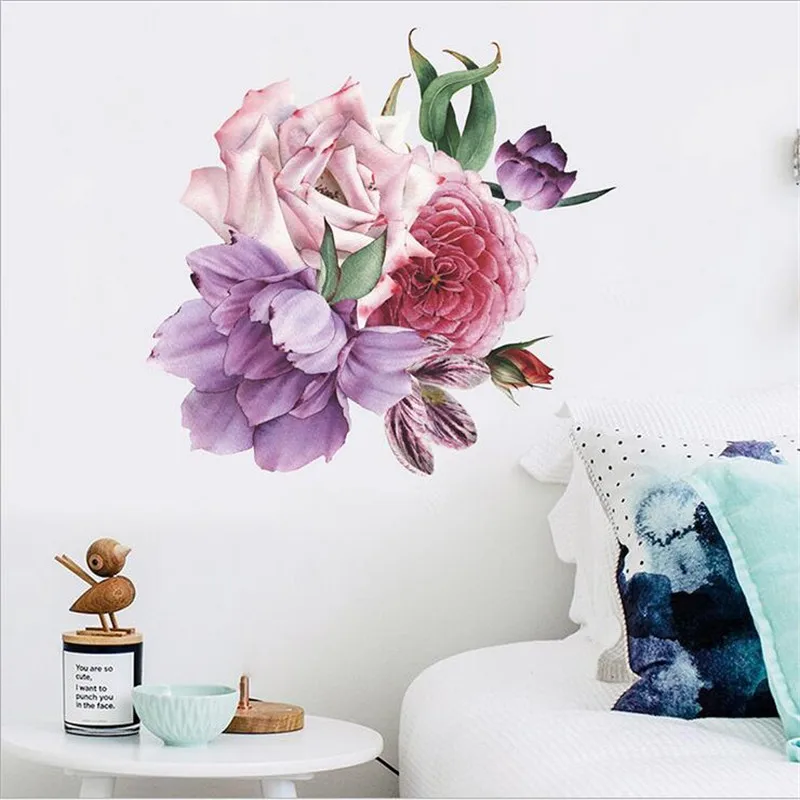 

1PCS Chinese Style Pink And Purple Big Peony Flower Wall Stickers For Livingroom Rose Wall Decor Landscaping Decoration 30*60CM