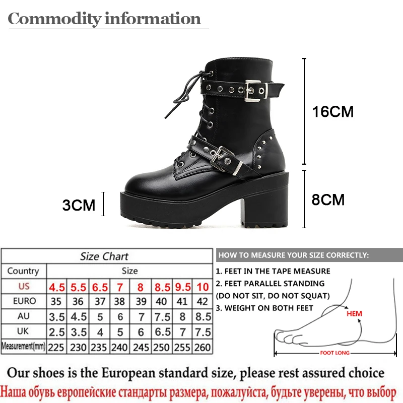 Gdgydh Sexy Rivet Autumn Boots Women Platform Boots Black Leather Gothic Punk Style Combat Boots For Women Mid Heels Comfortable