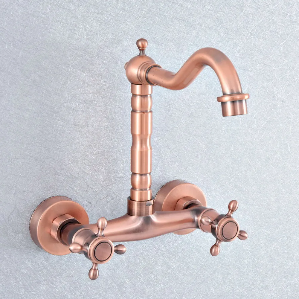 

Antique Red Copper Dual Handles Bathroom Kitchen Sink Faucets Wall Mounted Swivel Spout Two Holes Kitchen Mixer Taps zsf861
