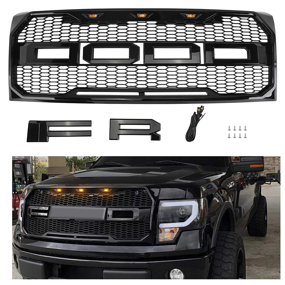 

Front Racing Grill for Ford F150 Car Bumper Mesh Grids Matt Black With LED Amber Lights Cover Accessories Raptor Style