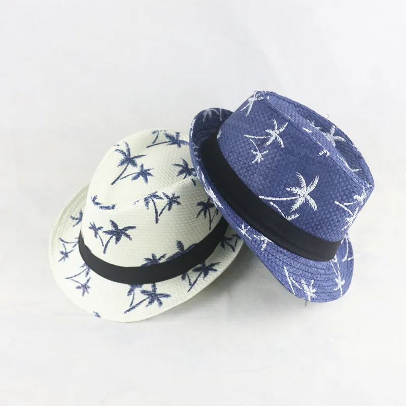 Adult / Child Linen Woven Jazz Straw Hat Men Women Coconut Tree Pattern Sun Hat Summer Beach Travel Sunscreen Ribbon Hat U27