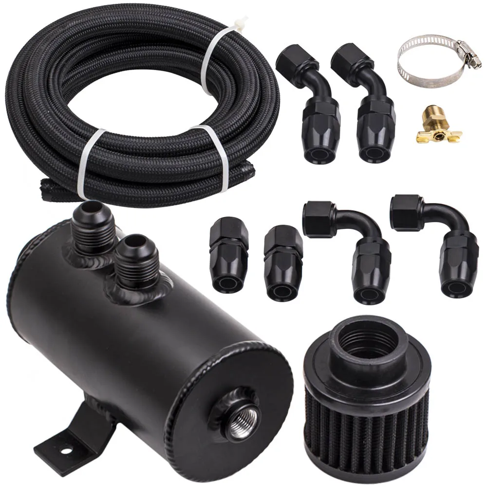 Black Aluminum Baffled Motor Engine Oil Catch Can 750mL+45 Degree Hose Fitting