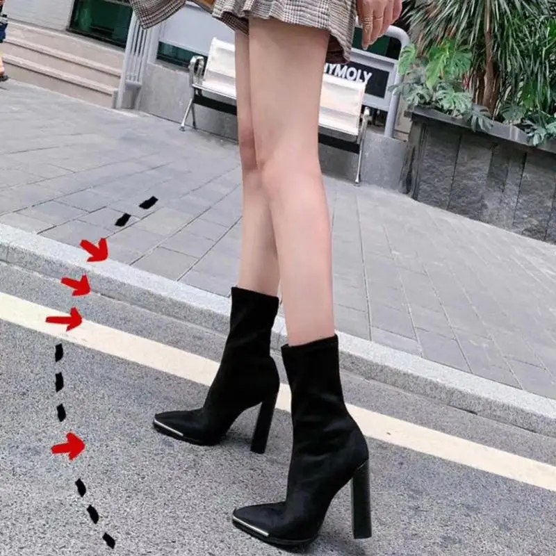 Autumn / Winter Square Head Metal Toe 9cm High Heel Short Boots Women Thick Heel Medium Tube Elastic Socks Boots Boots