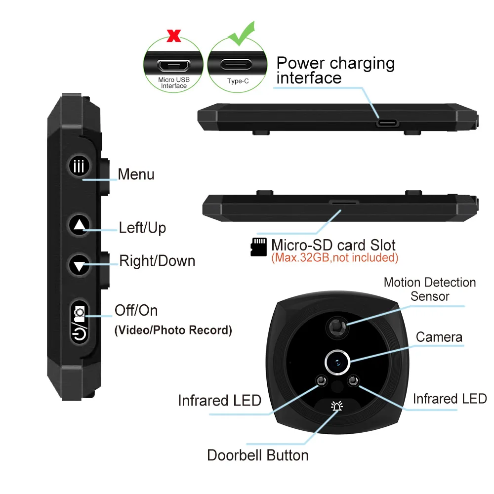 Top Video Doorbell Camera Digital Peephole Door Viewer Motion Detection 4.1" Monitor Ring Video-eye Security Auto Record